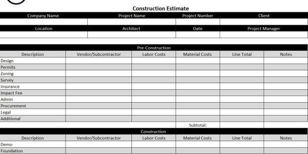 Construction Cost Estimate Template